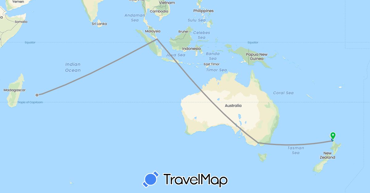 TravelMap itinerary: driving, bus, plane, boat in Australia, France, Mauritius, New Zealand, Singapore (Africa, Asia, Europe, Oceania)